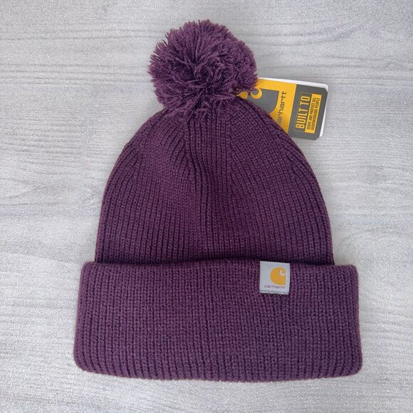 Carhartt Purple Wine Knit Pom-Pom Cuffed Beanie Women's One Size AH6003-W NWT - Picture 1 of 6